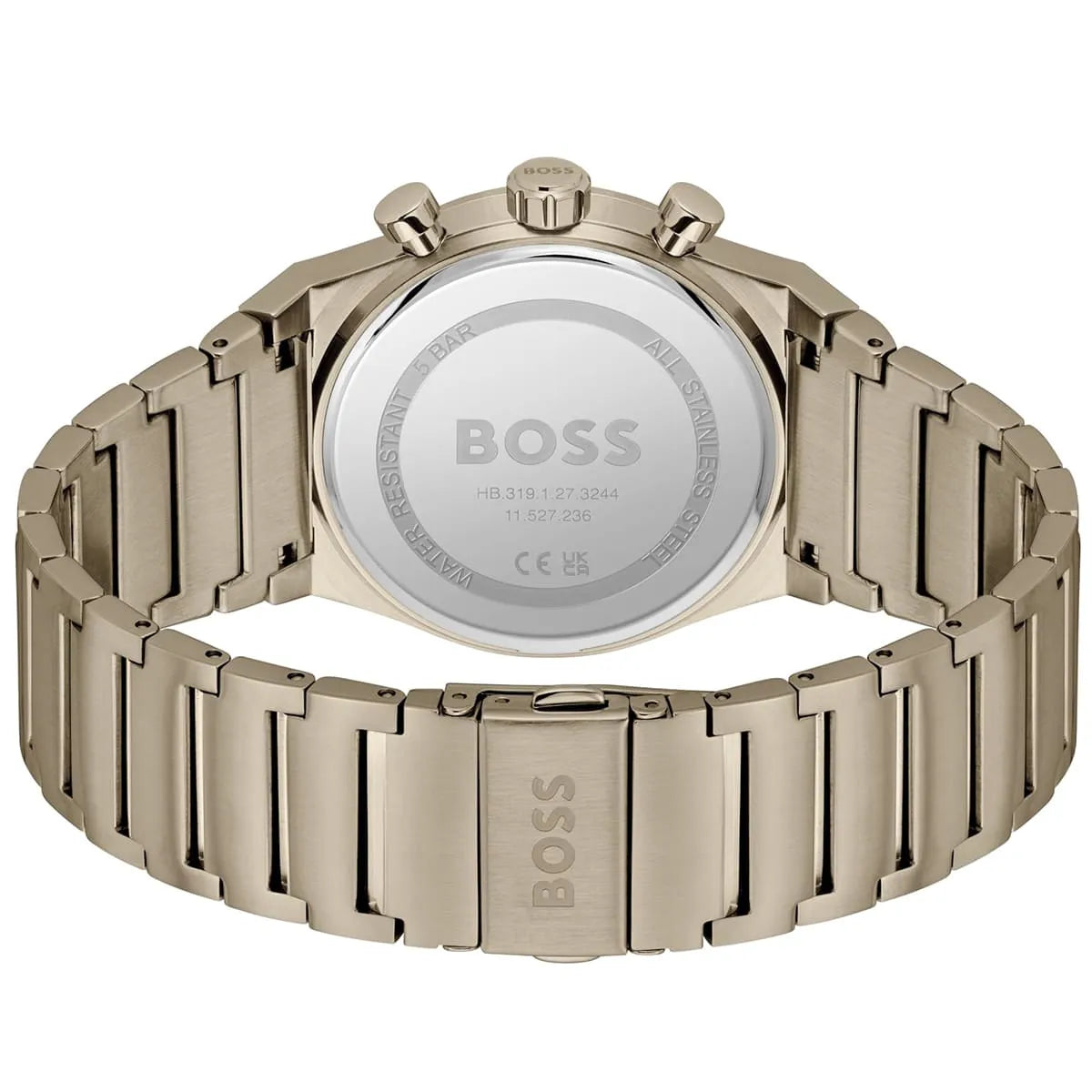 Silver watch with 'BOSS' branding on a white background