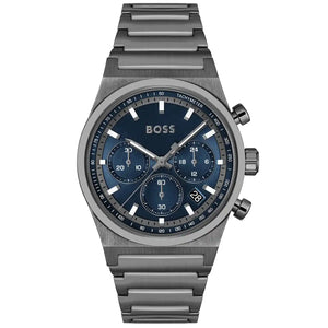 Hugo Boss Candor 1514223 men's chronograph watch with grey ion-plated case and blue sunray dial
