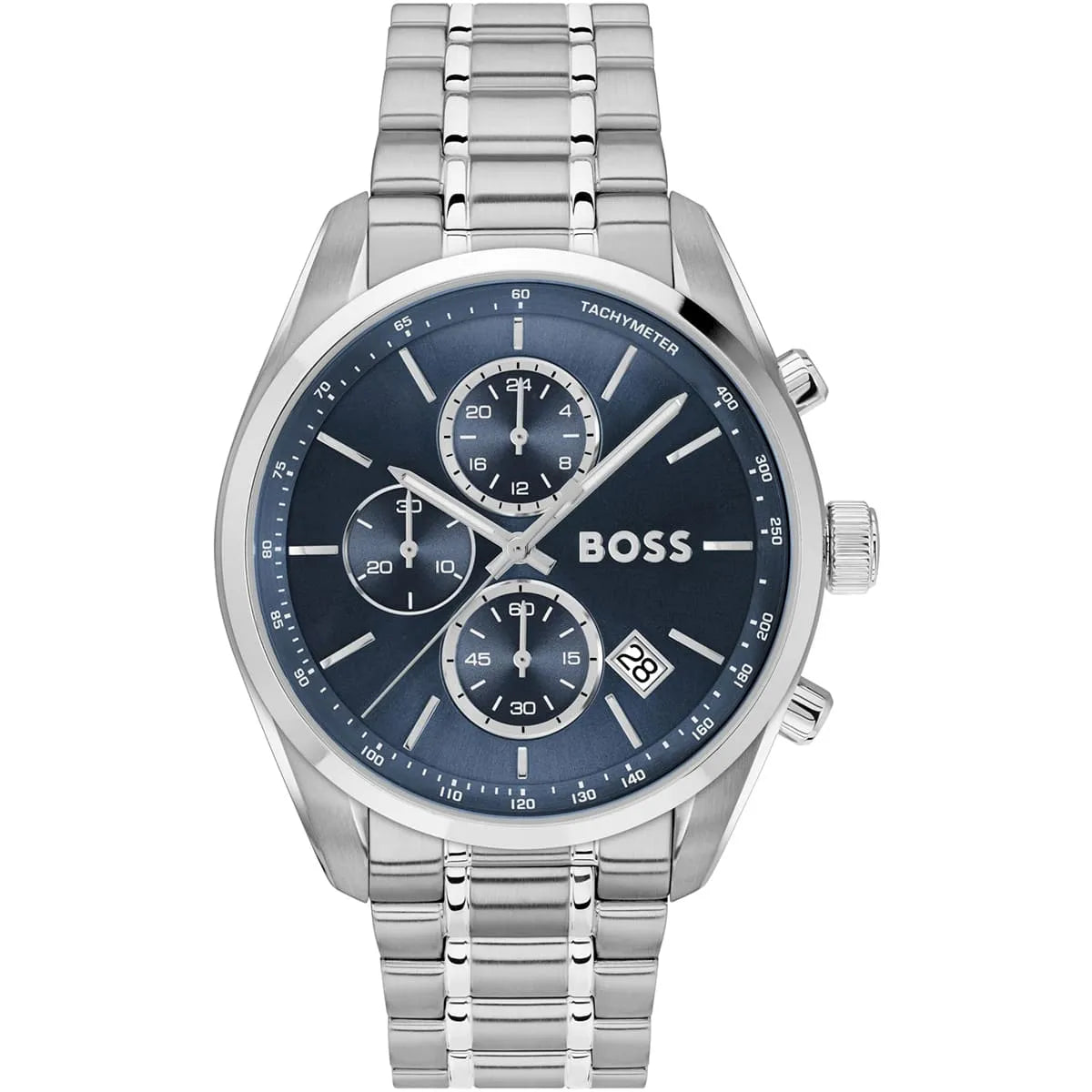 Hugo Boss Grand Prix 1514226 men's watch featuring blue sunray dial and silver stainless steel bracelet