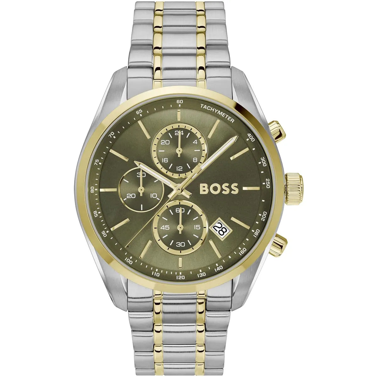 Hugo Boss Grand Prix 1514227 men's watch with two-tone silver and gold case, green sunray dial, and link bracelet