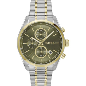Hugo Boss Grand Prix 1514227 men's watch with two-tone silver and gold case, green sunray dial, and link bracelet