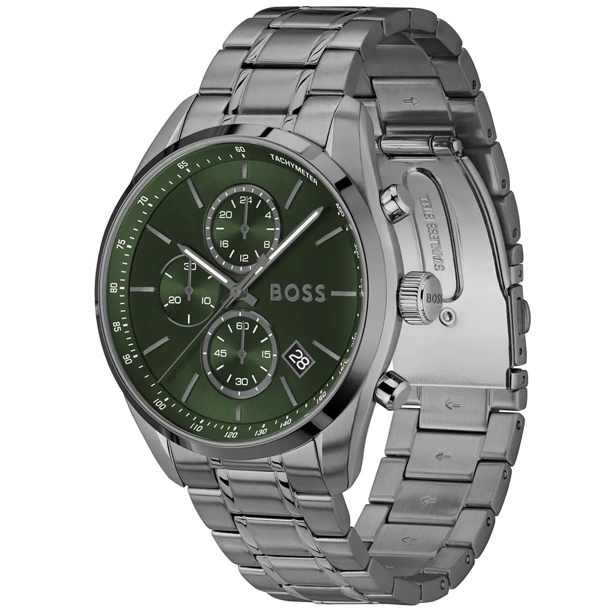 Angled real-life photo of Hugo Boss 1514228 showing the polished gunmetal case and green dial