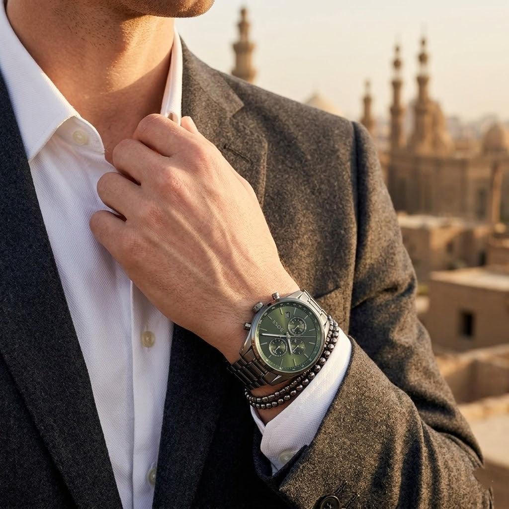 Lifestyle photo of Hugo Boss 1514228 showing the bold gunmetal watch on a man's wrist
