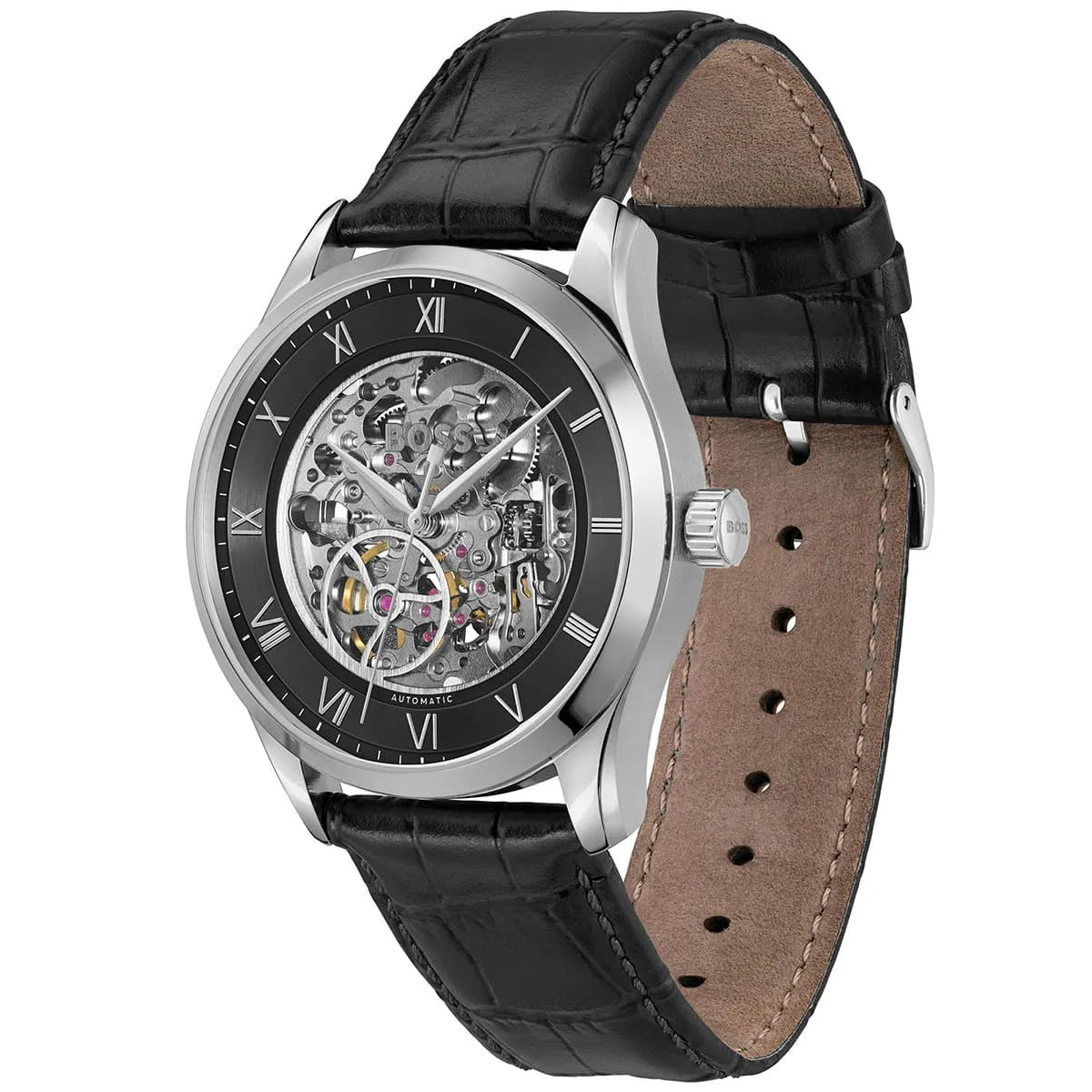 Right angled view of Hugo Boss Principe 1514234 men's automatic watch highlighting silver case and mechanical movement details