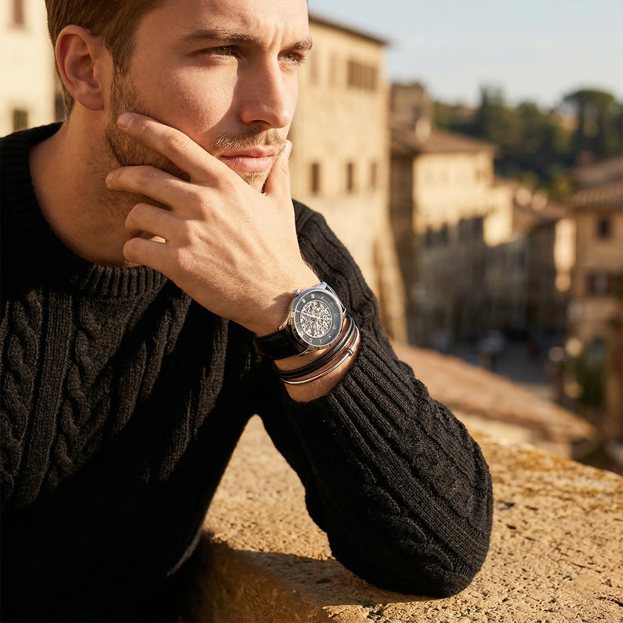 Elegant man wearing Hugo Boss Principe 1514234 men's automatic watch with silver-tone case and luxury skeleton dial