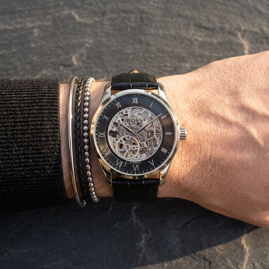 Close up of Hugo Boss Principe 1514234 men's automatic watch on wrist showing intricate black skeleton dial and black leather strap