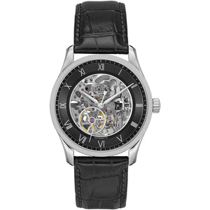 Hugo Boss Principe 1514234 men's automatic watch with black skeleton dial, silver-tone case, black leather strap main view