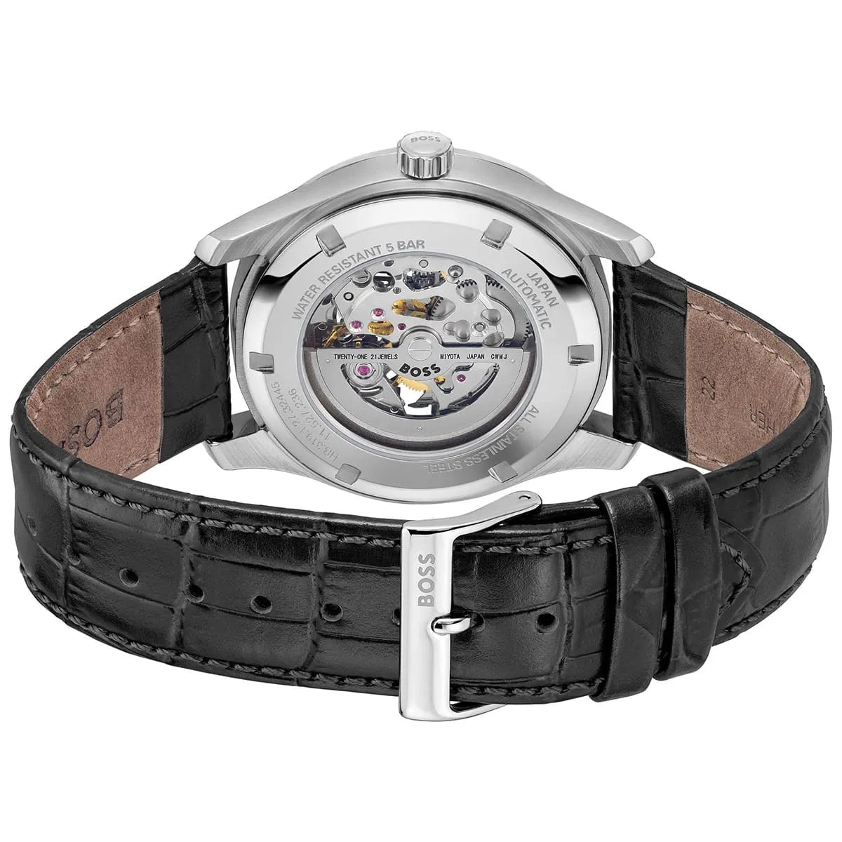 See-through caseback of Hugo Boss Principe 1514234 men's automatic watch showing technical specs and mechanical movement