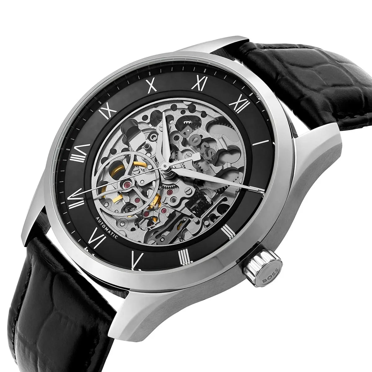 Left angled view of Hugo Boss Principe 1514234 men's automatic watch showing black leather strap and silver-tone case profile
