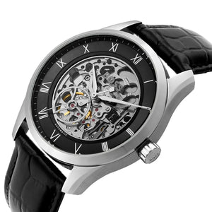 Left angled view of Hugo Boss Principe 1514234 men's automatic watch showing black leather strap and silver-tone case profile