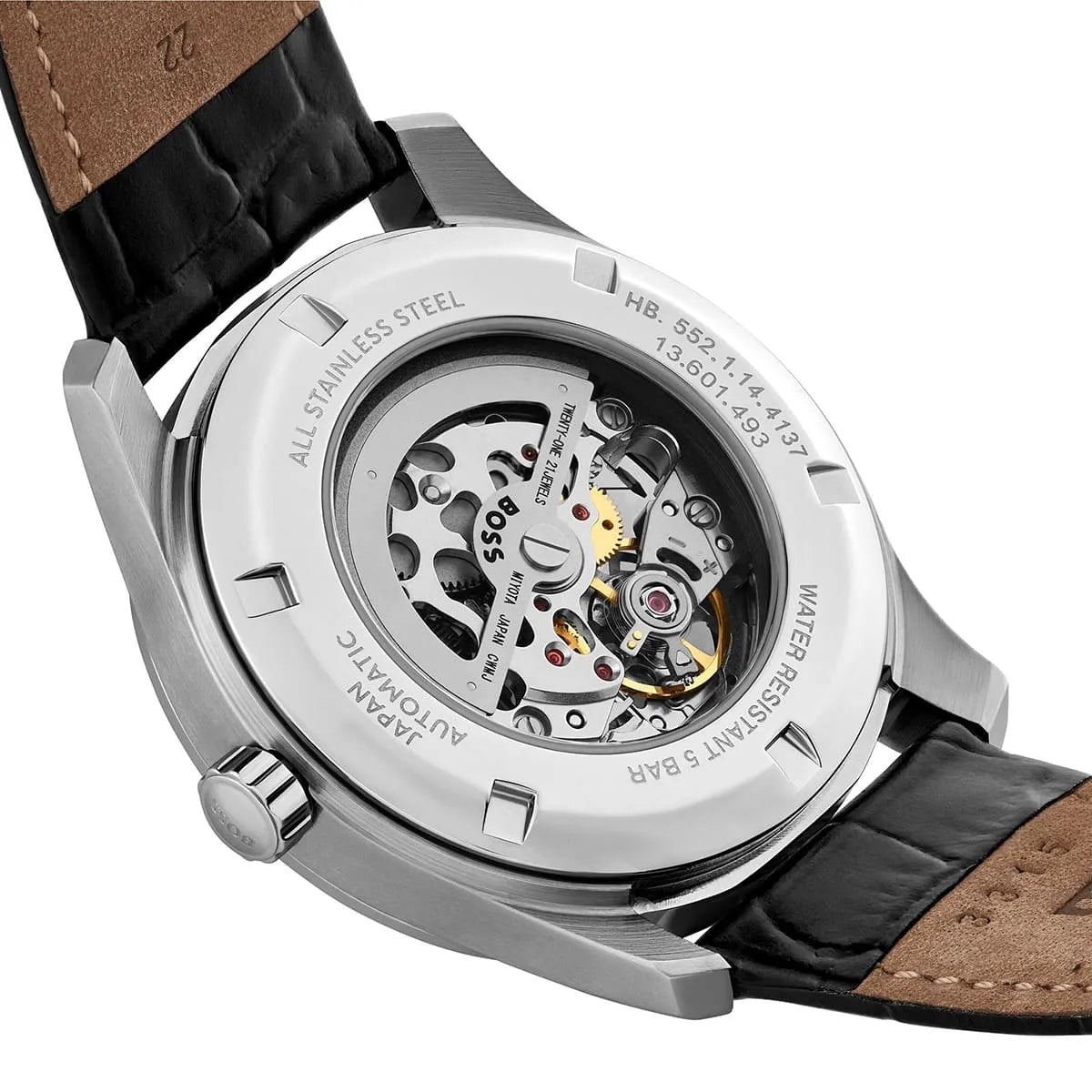 See-through caseback of Hugo Boss Principe 1514234 men's automatic watch showing technical specs and mechanical movement