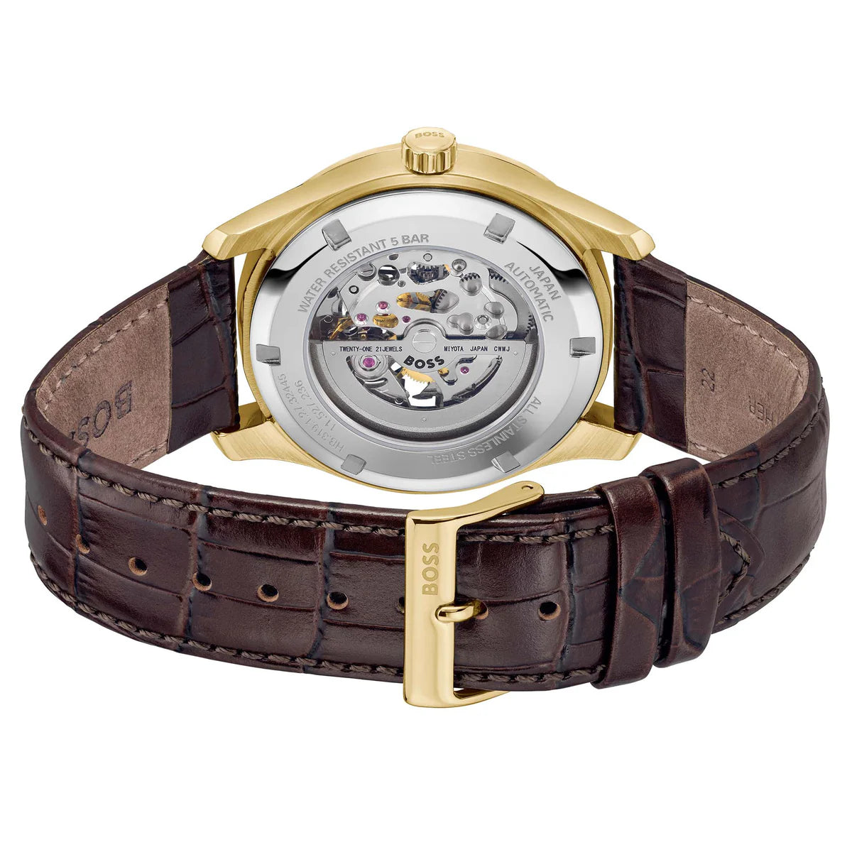 See-through caseback of Hugo Boss Principe 1514235 men's automatic watch showing technical specs and mechanical movement