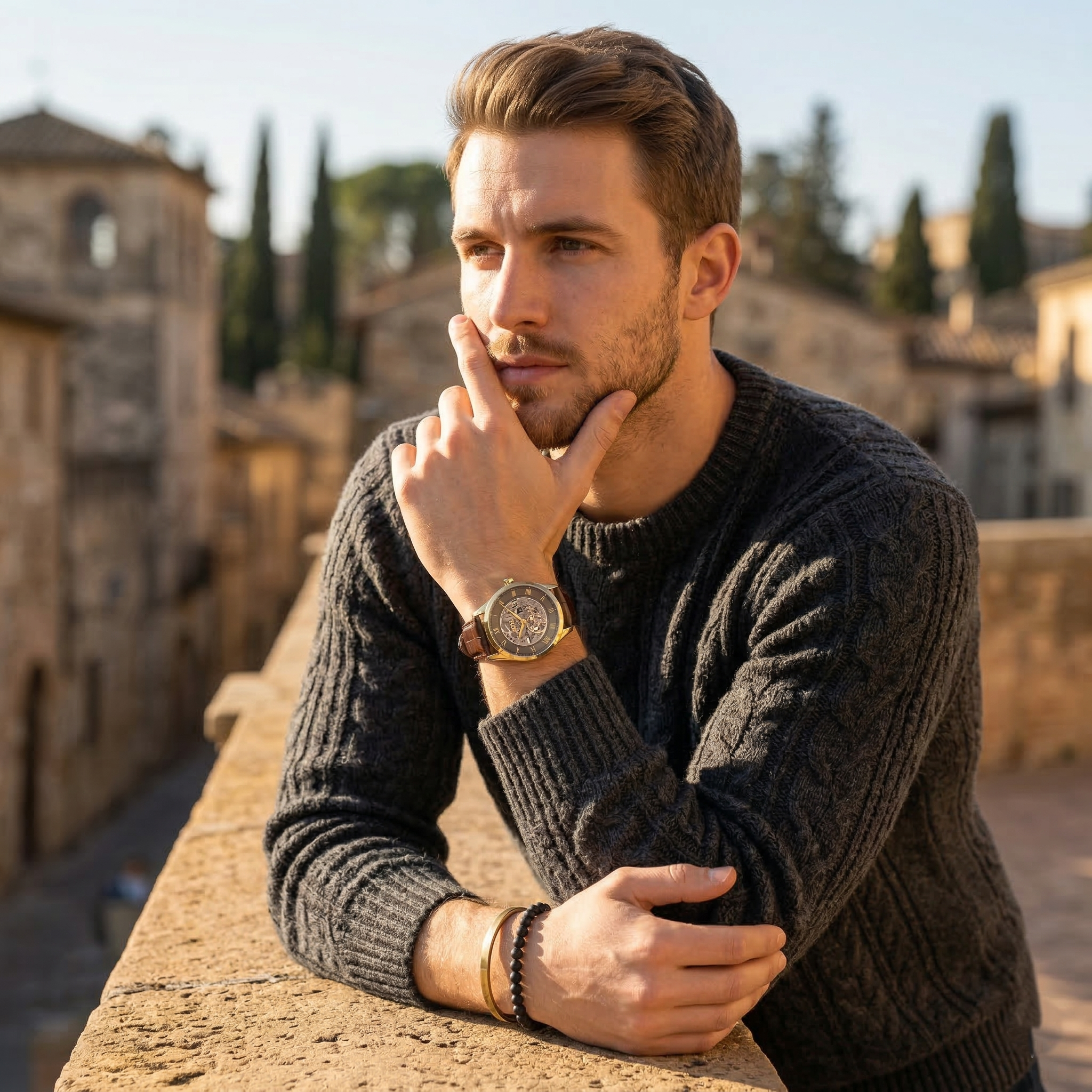 Elegant man wearing Hugo Boss Principe 1514235 men's automatic watch with gold-tone case and luxury skeleton dial