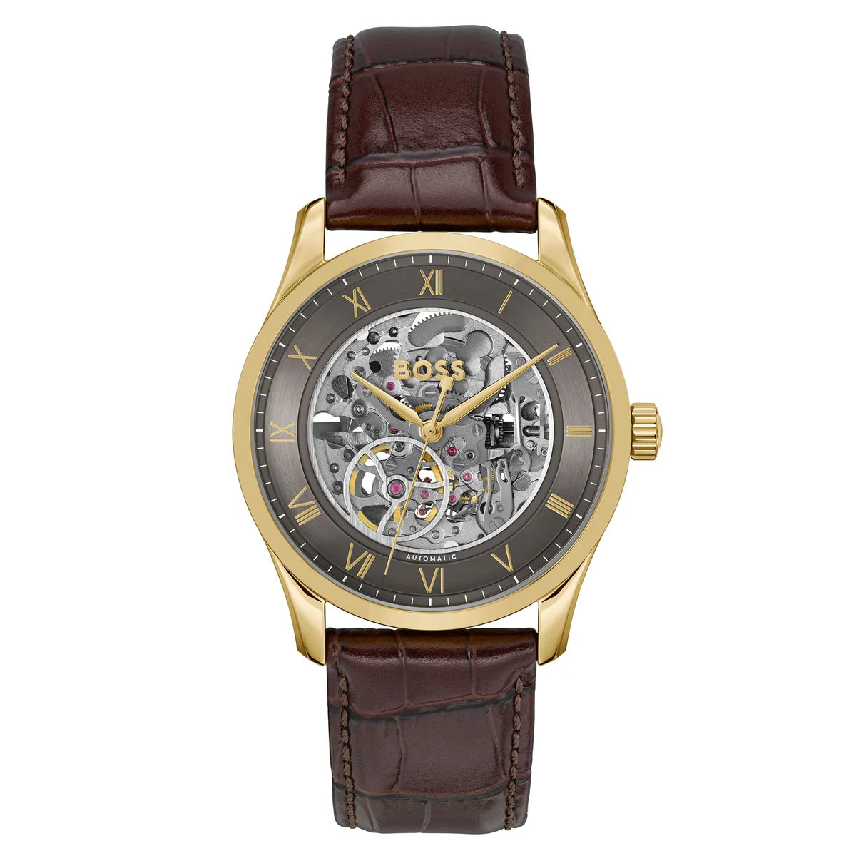 Hugo Boss Principe 1514235 men's automatic watch with dark grey skeleton dial, gold-tone case, brown leather strap main view