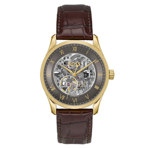 Hugo Boss Principe 1514235 men's automatic watch with dark grey skeleton dial, gold-tone case, brown leather strap main view