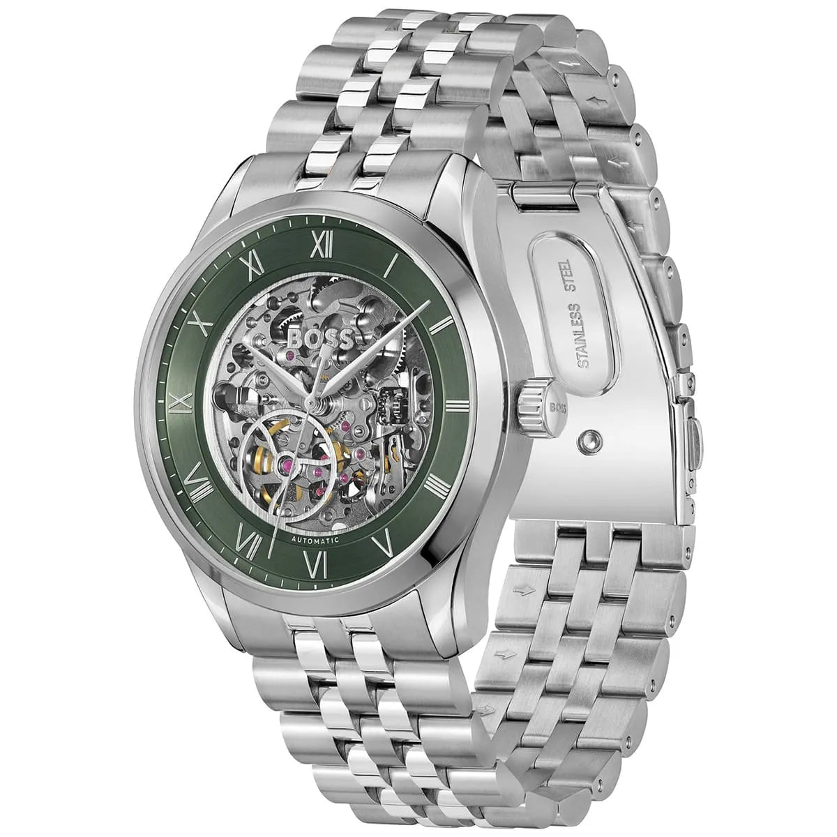 Angled real-life photo of Hugo Boss 1514236 showing the polished silver case and mechanical gears