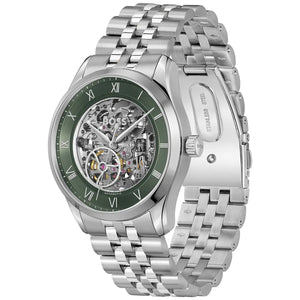 Angled real-life photo of Hugo Boss 1514236 showing the polished silver case and mechanical gears
