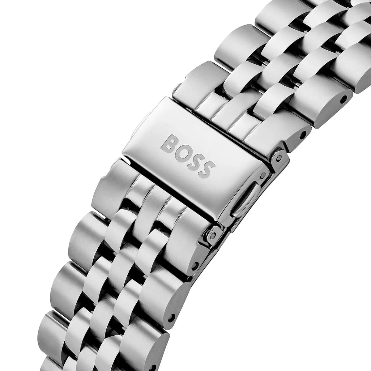 Photo of the silver-tone stainless steel deployment buckle on Hugo Boss 1514236