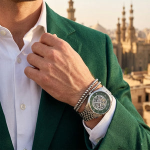 Lifestyle photo of Hugo Boss 1514236 showing the bold silver automatic watch on a man's wrist