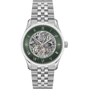 Authentic real-life photo of Hugo Boss 1514236 showing actual silver metal skeleton design and green ring