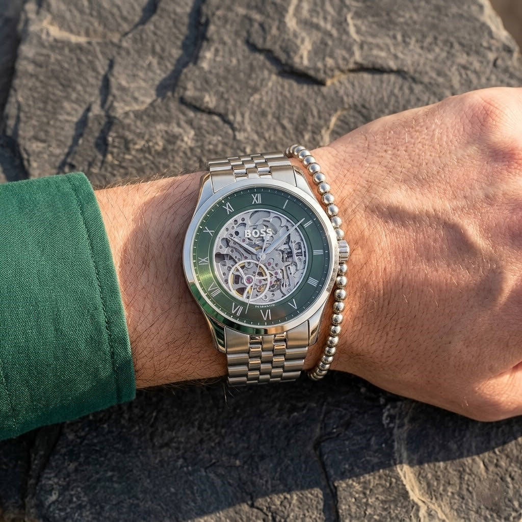 Close up shot of Hugo Boss 1514236 on wrist showing the transparent mechanical movement and green dial
