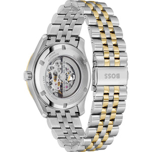 Back view photo of Hugo Boss 1514237 showing the exhibition caseback showing automatic gears