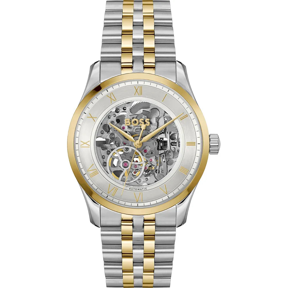 Authentic real-life photo of Hugo Boss 1514237 showing actual two-tone skeleton design and gold bezel