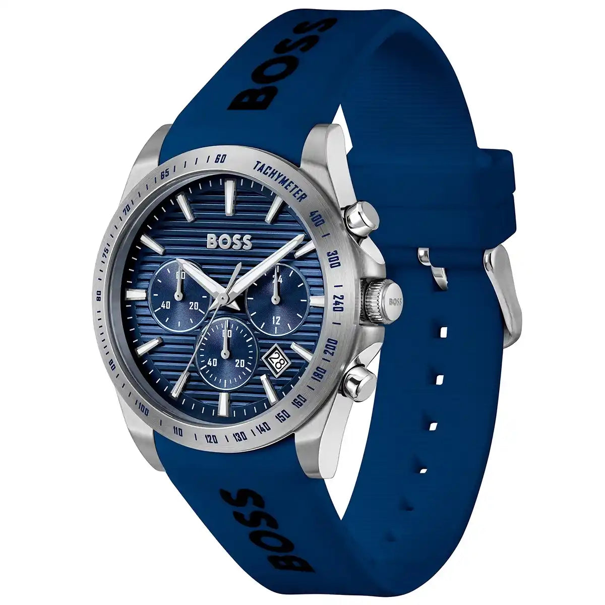 Angled real-life photo of Hugo Boss 1514239 showing the silver case and navy blue rubber strap