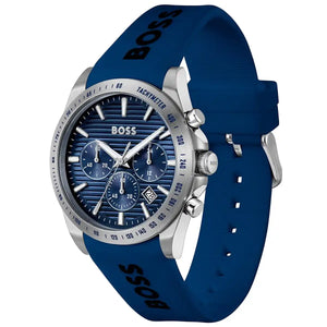 Angled real-life photo of Hugo Boss 1514239 showing the silver case and navy blue rubber strap
