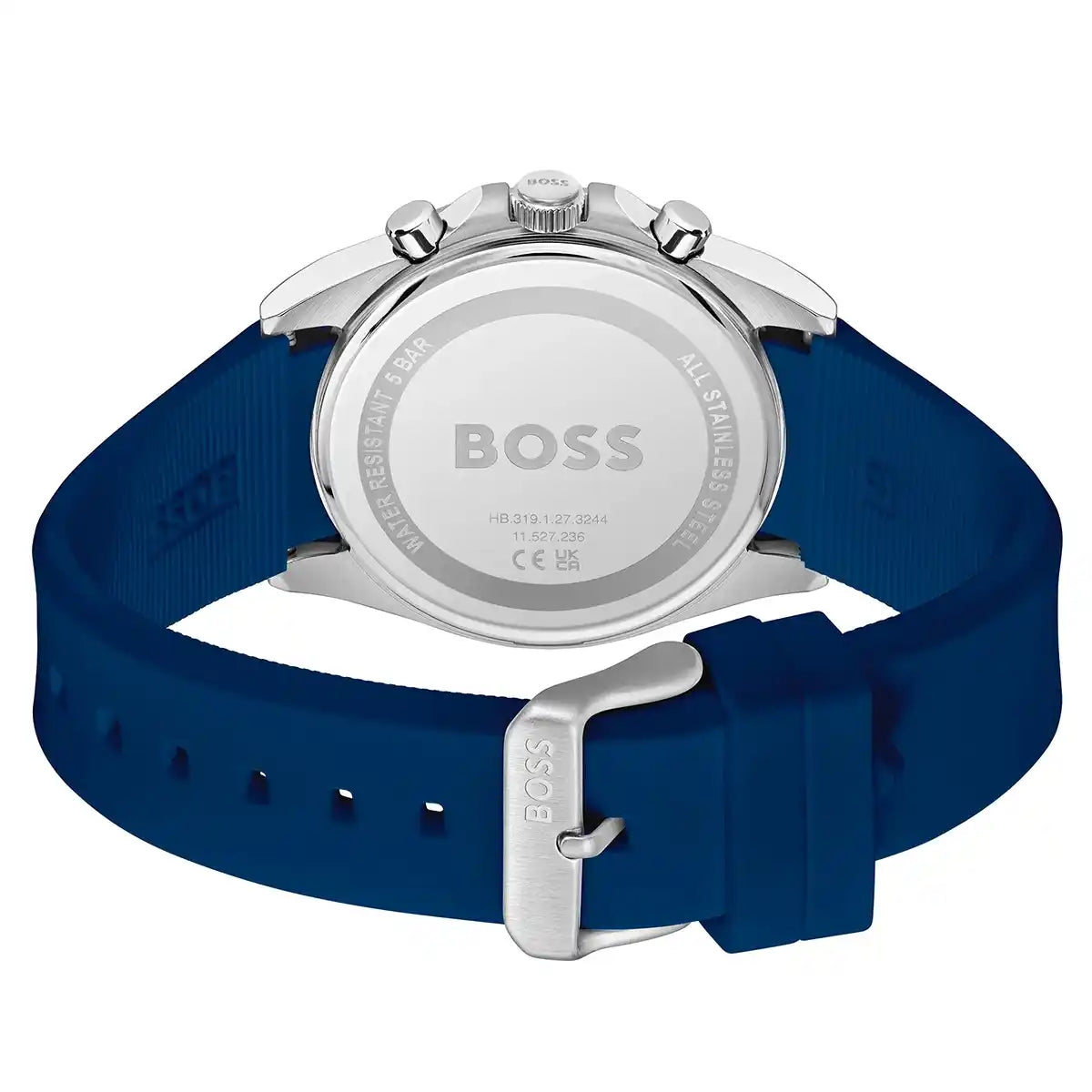 Photo of the silver-tone stainless steel buckle on the navy blue rubber strap of Boss 1514239