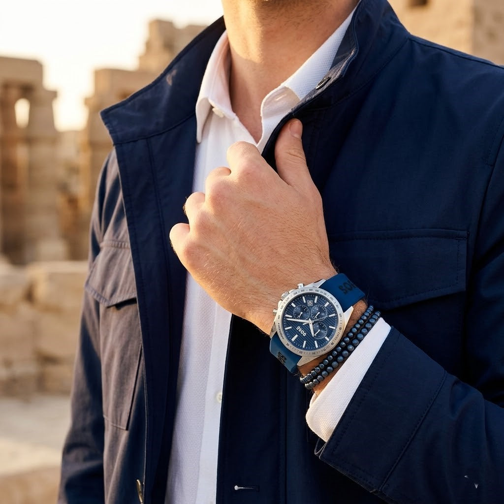 Lifestyle photo of Hugo Boss 1514239 showing the sporty blue rubber watch on a man's wrist
