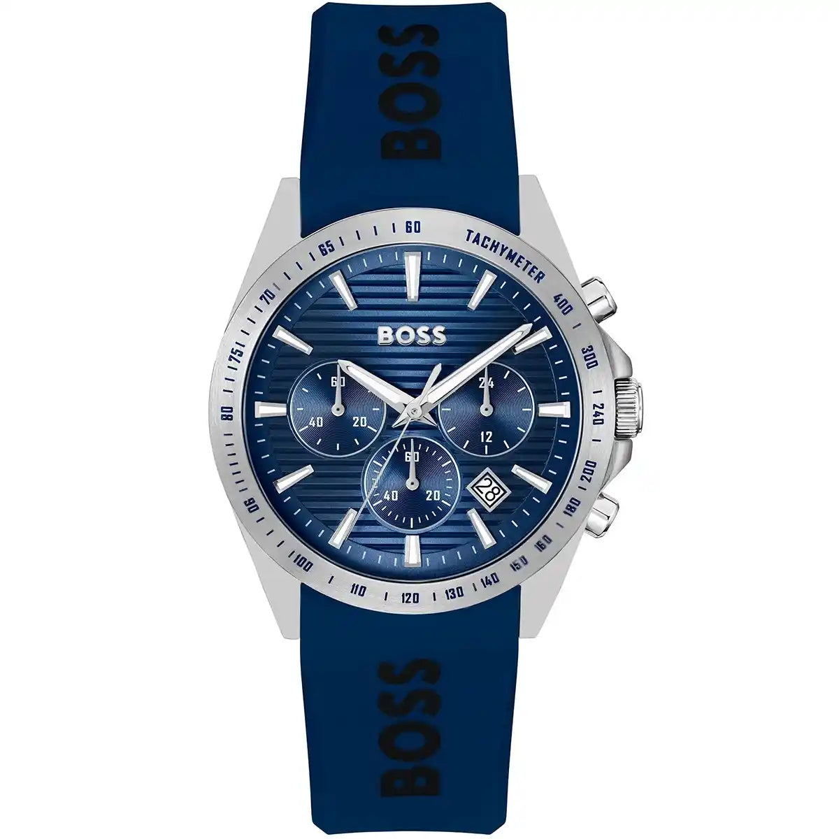 Authentic real-life photo of Hugo Boss 1514239 showing actual blue rubber strap and textured blue dial