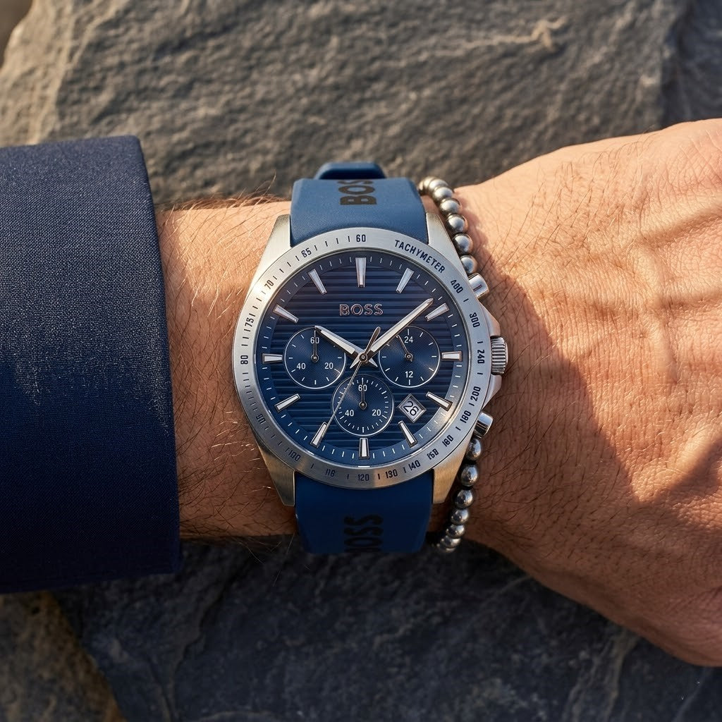 Close up shot of Hugo Boss 1514239 on wrist showing chronograph sub-dials and luminous hands