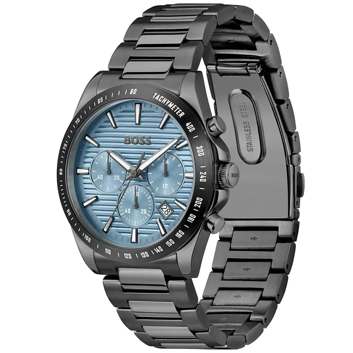Angled real-life photo of Hugo Boss 1514242 showing the polished gunmetal case and blue dial
