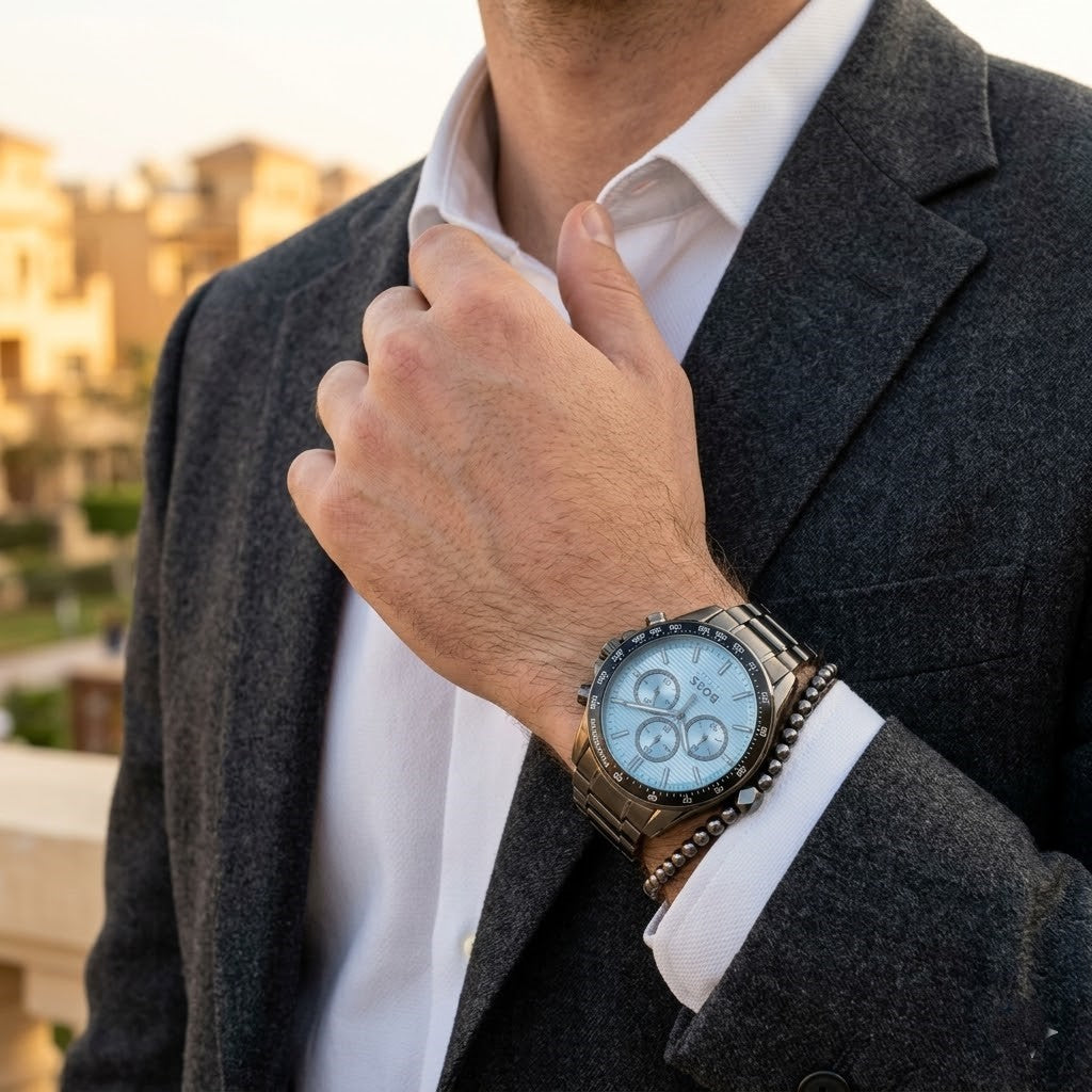Lifestyle photo of Hugo Boss 1514242 showing the bold gunmetal watch on a man's wrist