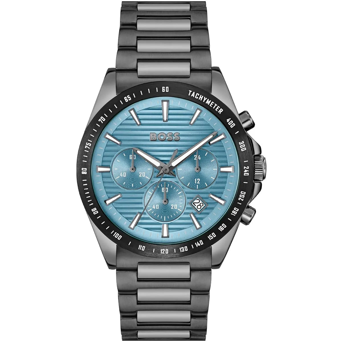 Authentic real-life photo of Hugo Boss 1514242 showing actual gunmetal finish and light blue dial