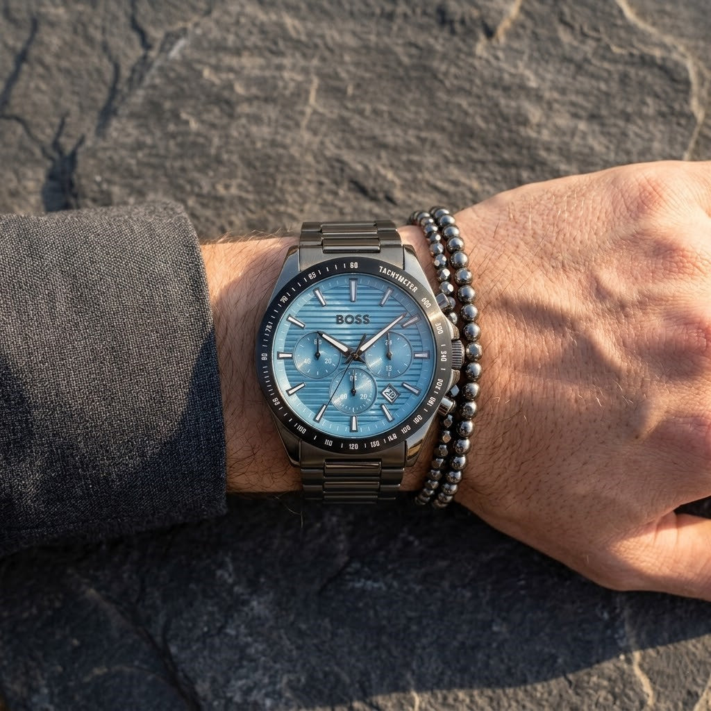 Close up shot of Hugo Boss 1514242 on wrist showing light blue textured dial and tachymeter bezel