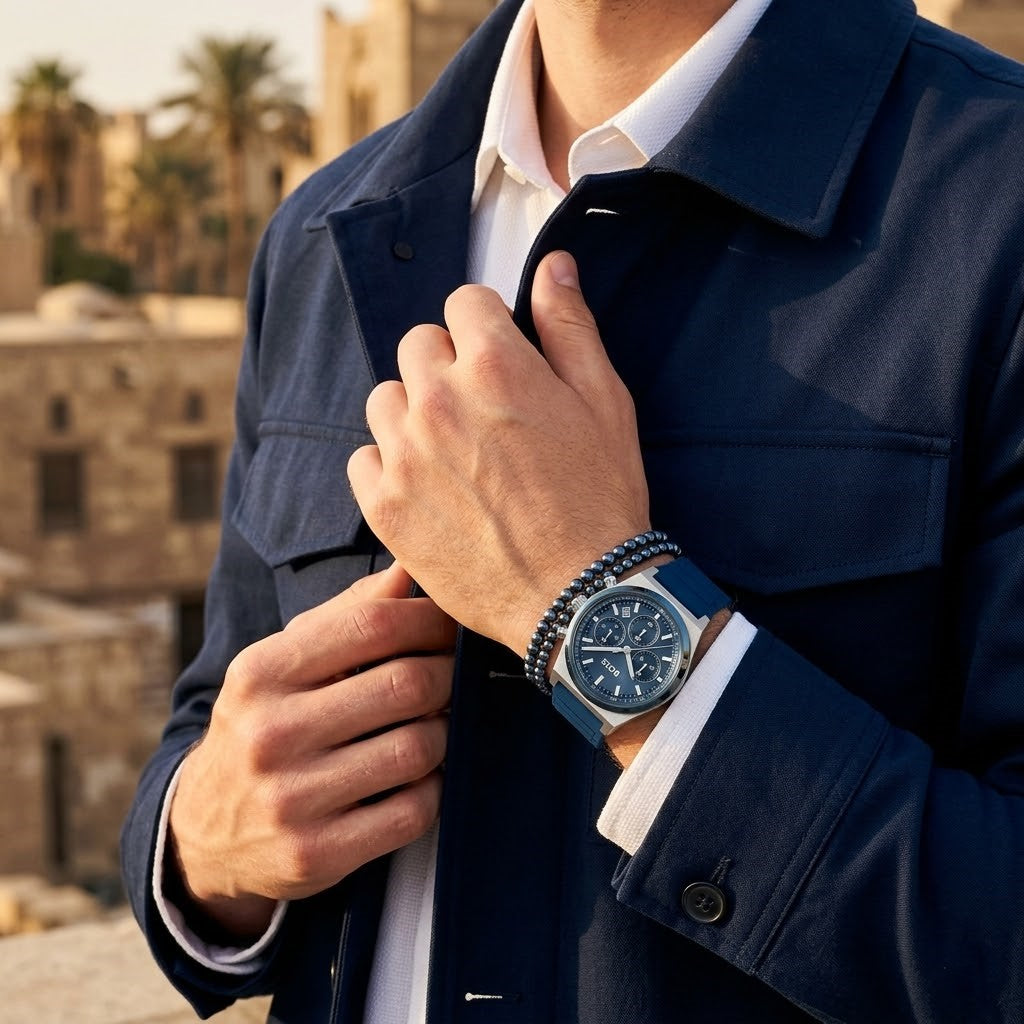 Lifestyle photo of Hugo Boss 1514243 showing the sporty blue rubber watch on a man's wrist