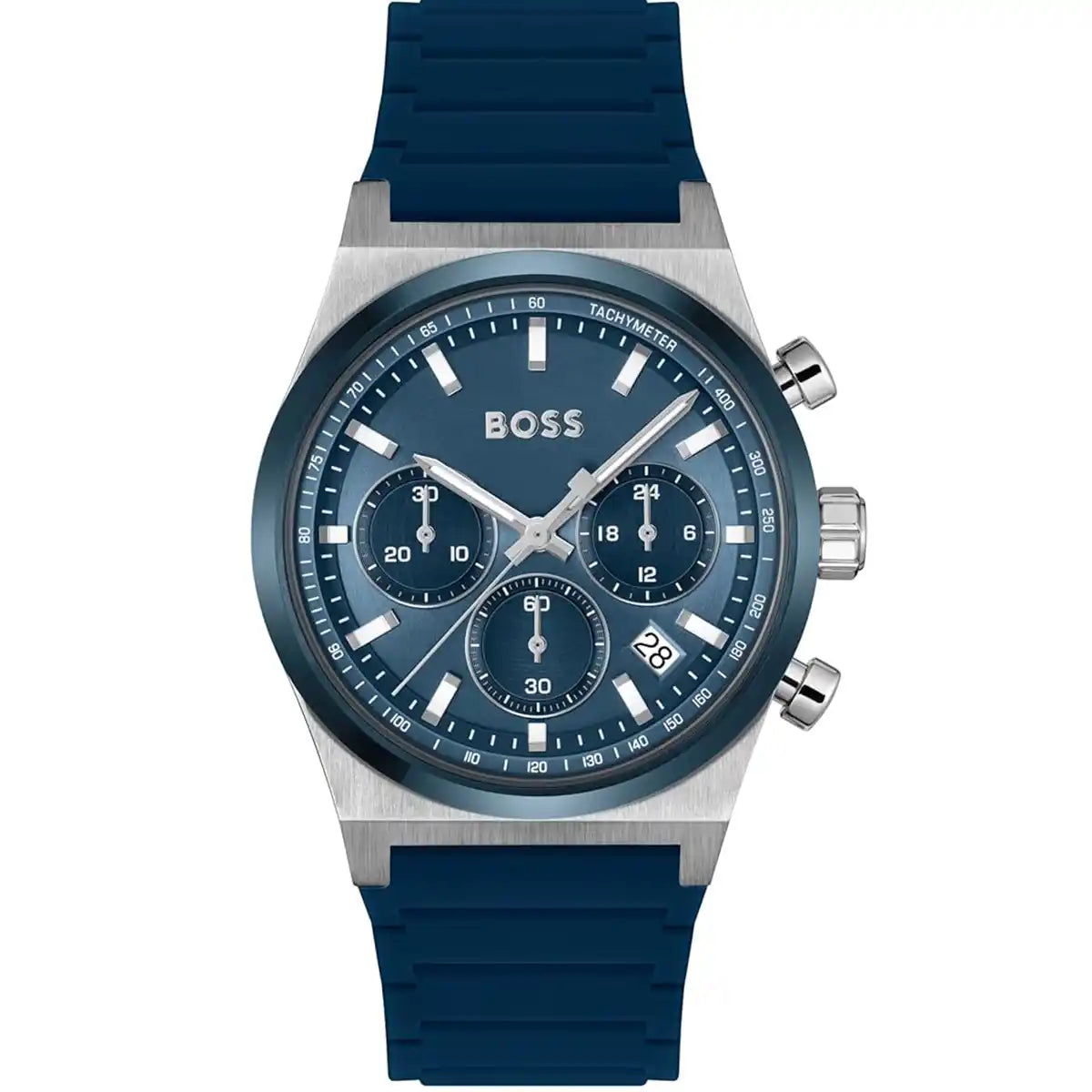 Authentic real-life photo of Hugo Boss 1514243 showing actual blue rubber strap and blue dial