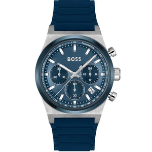 Authentic real-life photo of Hugo Boss 1514243 showing actual blue rubber strap and blue dial