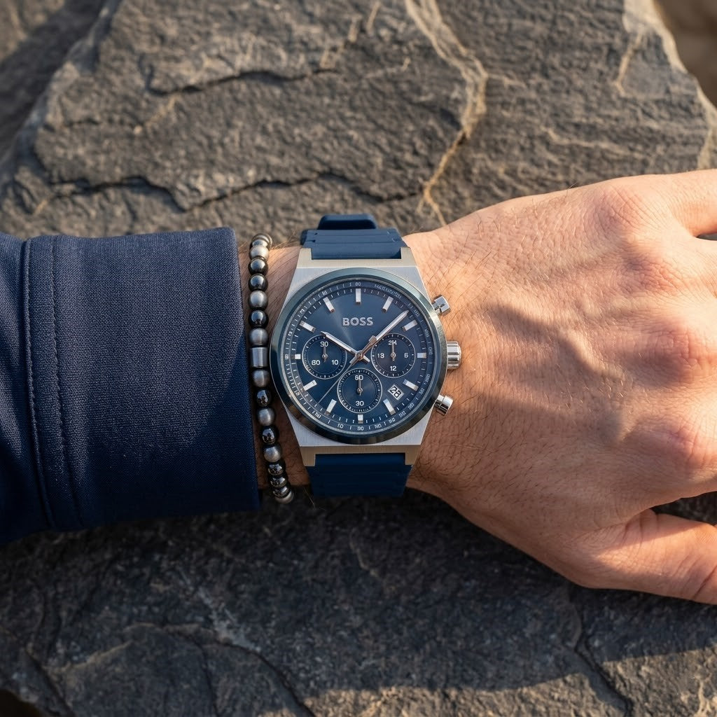 Close up shot of Hugo Boss 1514243 on wrist showing chronograph sub-dials and luminous hands