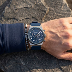 Close up shot of Hugo Boss 1514243 on wrist showing chronograph sub-dials and luminous hands