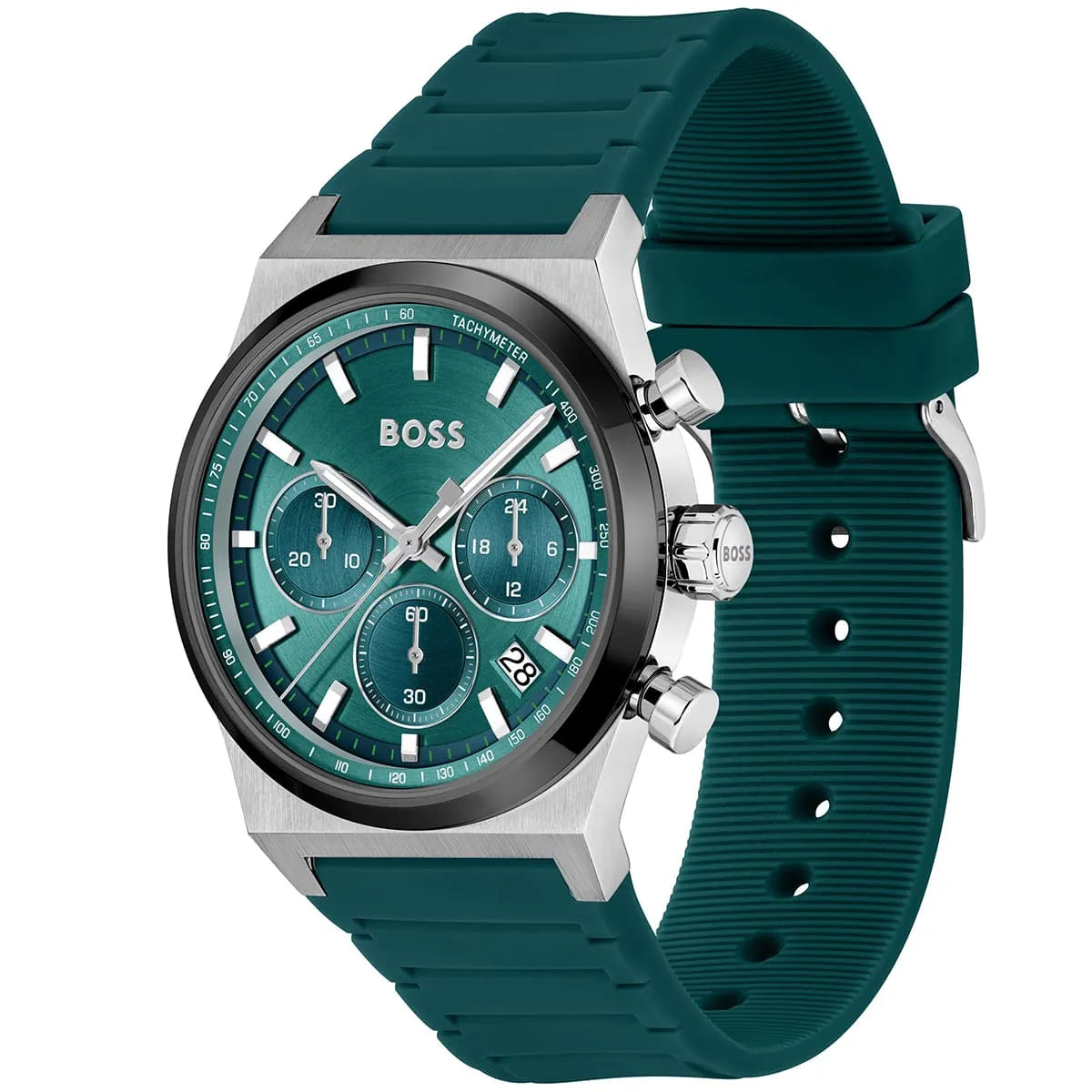 Angled real-life photo of Hugo Boss 1514244 showing the silver case and green rubber strap