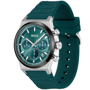 Angled real-life photo of Hugo Boss 1514244 showing the silver case and green rubber strap