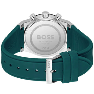 Photo of the silver-tone stainless steel buckle on the green rubber strap of Boss 1514244