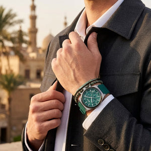 Lifestyle photo of Hugo Boss 1514244 showing the sporty green rubber watch on a man's wrist