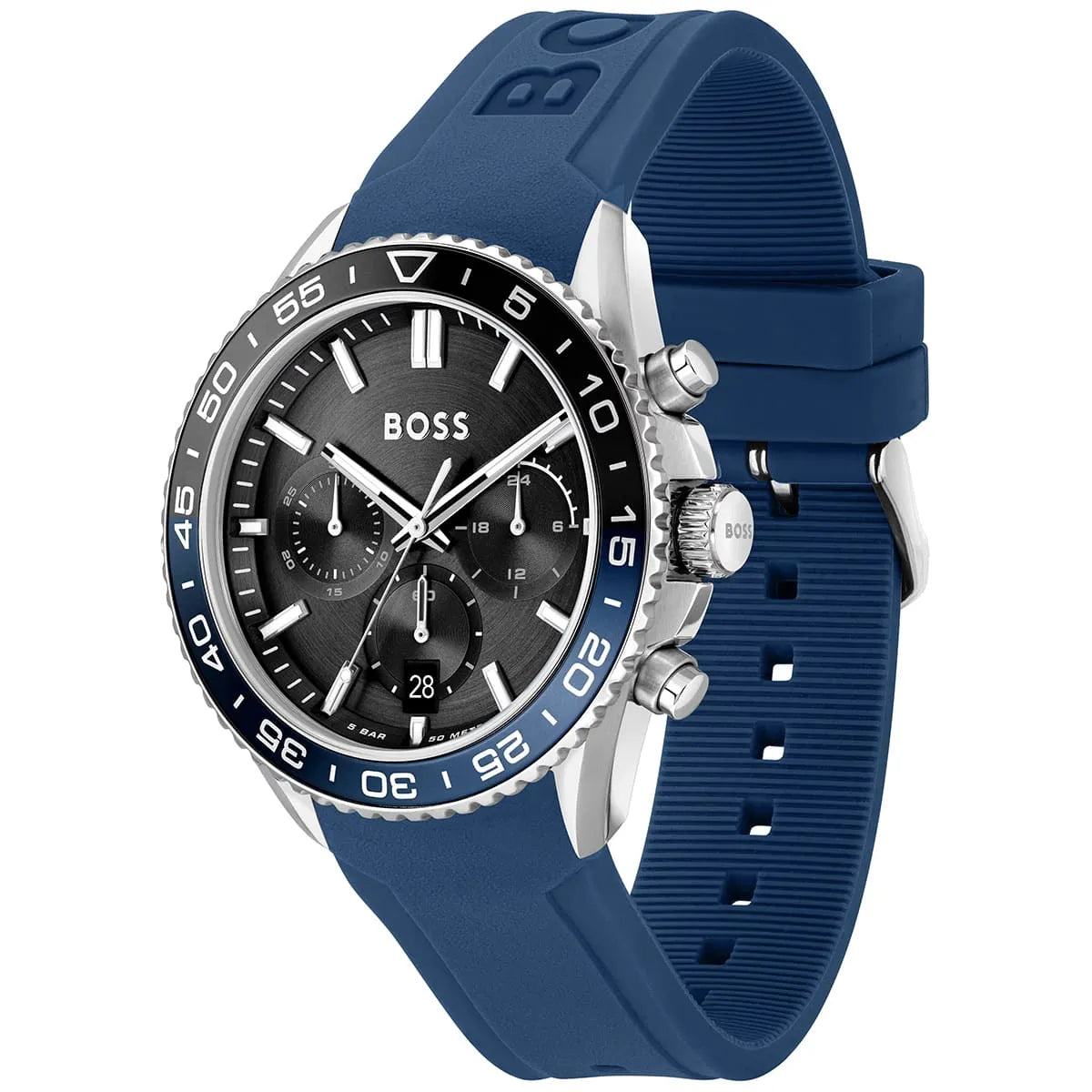 Angled real-life photo of Hugo Boss 1514245 showing the silver case and blue rubber strap