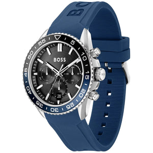 Angled real-life photo of Hugo Boss 1514245 showing the silver case and blue rubber strap