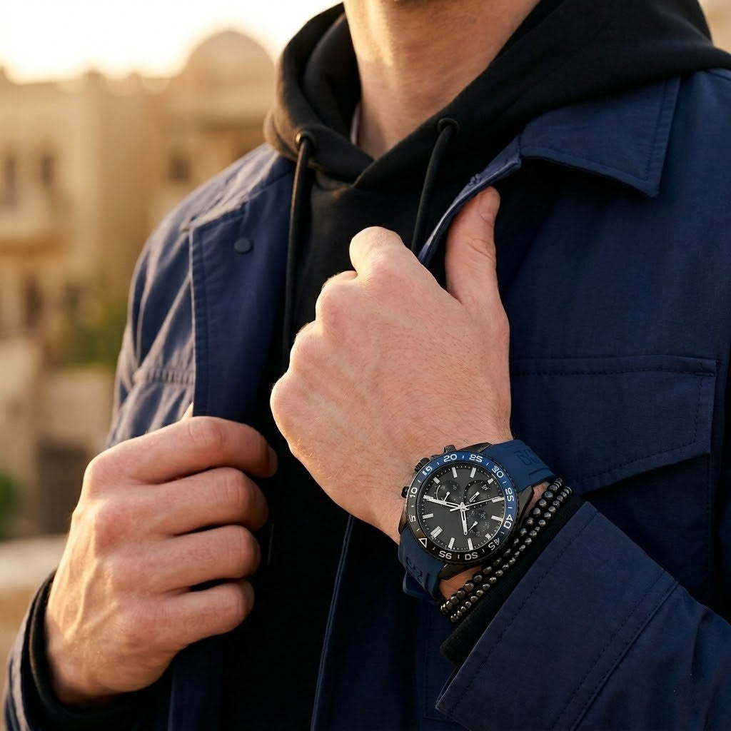 Lifestyle photo of Hugo Boss 1514245 showing the sporty blue rubber watch on a man's wrist