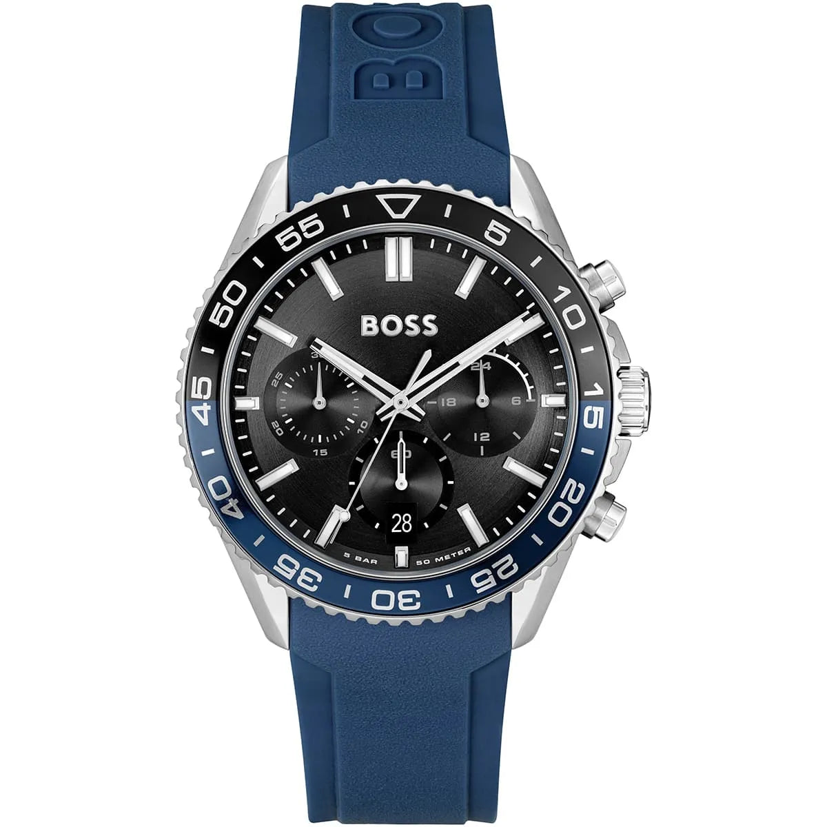 Authentic real-life photo of Hugo Boss 1514245 showing actual blue rubber strap and black dial